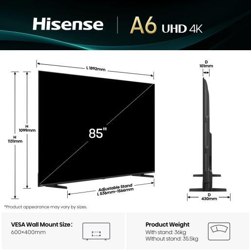 Hisense LED televizor 85A6Q, 4K Ultra HD, Smart TV, VIDAA Smart OS, Dolby Vision, Game Mode PLUS, Crni
