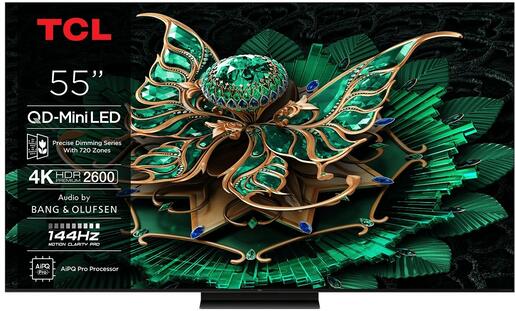 TCL QD-MiniLED televizor 55C7K, K Ultra HD, Smart TV, Google TV, 144 Hz VRR, Audio od Bang & Olufsena, AiPQ Pro procesor, HDR 2600 nita, CrystGlow HVA panel, Ultra tanki dizajn