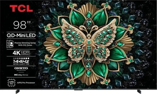 TCL QD-Mini LED televizor 98C6K, 4K Ultra HD, Smart TV, Google TV, 144 Hz VRR, ONKYO 2.1 Hi-Fi sistem, AiPQ Pro procesor, Ultra tanki dizajn	