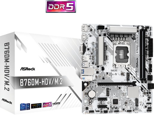 ASROCK matična ploča B760-HDV/M.2B760, LGA1700, 2xDDR5, 2xM.24xSATA,RAID,HDMI,DP,VGA,MicroATX, White