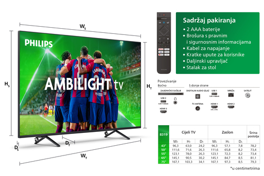 PHILIPS LED televizor 43PUS8319/12, 4K Ultra HD, Smart TV, TITAN OS, Ambilight, HDMI 2.1, Crni