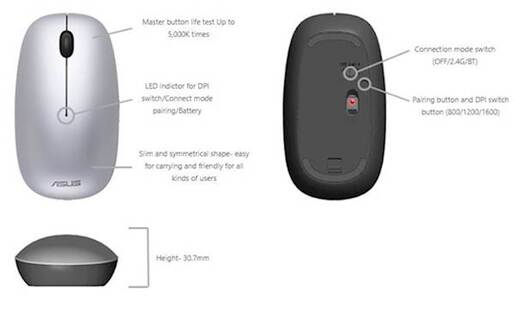 Mis Asus MW201C, Bluetooth in 2,4GHz, bezicni, sivi