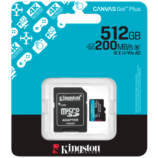 KINGSTON  microSDXC 512GB Canvas Go Plus Gen4 200MB/s A2 U3 V30 Card + Adapter