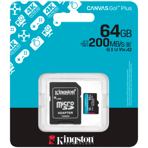 KINGSTON microSDXC 64GB  Canvas Go Plus Gen4 200MB/s A2 U3 V30 Card + Adapter