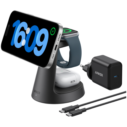 Anker MagGo bežična stanica za punjenje (3-u-1, priključna stanica) paket kabela i punjača crne boje