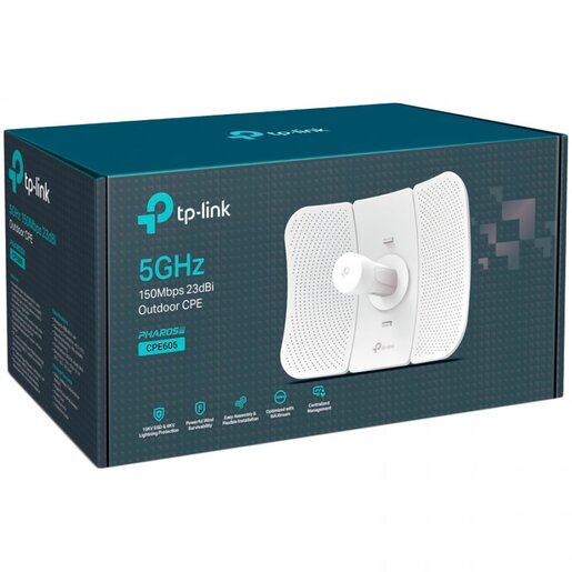 TP-Link CPE605 5 GHz 150 Mbps 23 dBi Outdoor CPE, 1× 10/100 Mbps Shielded Ethernet Port, 150 Mbps at 5 GHz, 23 dBi, 30+ km, IP65 Weatherproof, Passive PoE