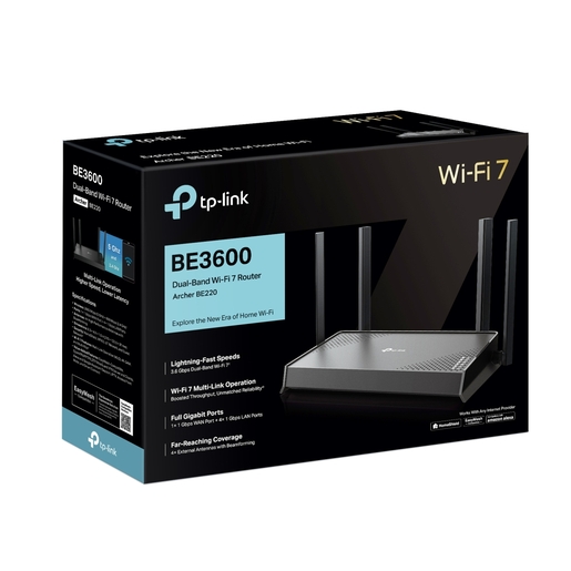 TP-Link Archer BE220 BE3600 Dual-Band Wi-Fi 7 Router, 688 Mbps at 2.4 GHz + 2882 Mbps at 5 GHz, 4x external Ant., 2.0 GHz Quad-Core CPU, 1x 1G WAN port + 4x1 G LAN ports
