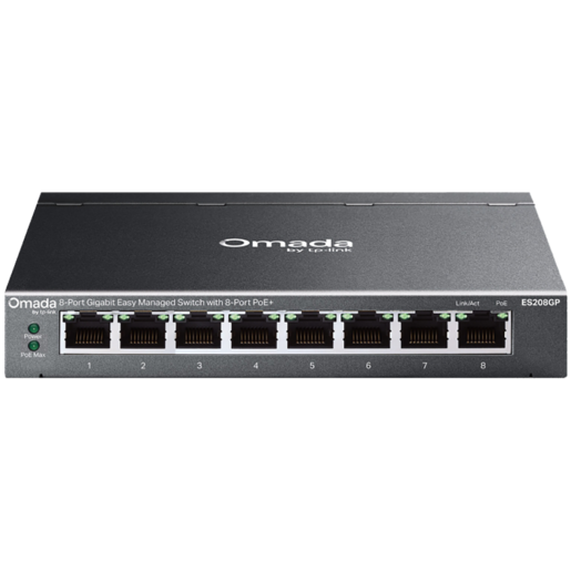 TP-Link ES208GP Omada 8-Port Gigabit Easy Managed Switch with 8-Port PoE+, 8x G PoE+ Ports, 802.3at/af, 64 W PoE Power,  Desktop Steel Case and Fanless,Omada App