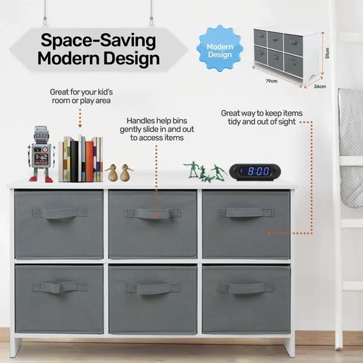 KINDER HOME Drvena komoda sa 6 tekstilnih posuda za odlaganje siva TF5491