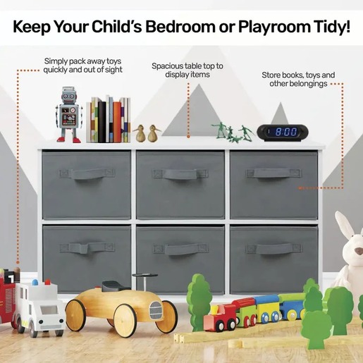 KINDER HOME Drvena komoda sa 6 tekstilnih posuda za odlaganje siva TF5491