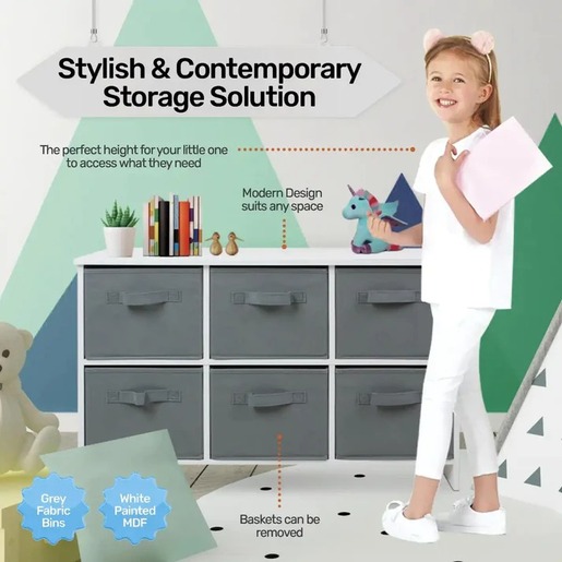 KINDER HOME Drvena komoda sa 6 tekstilnih posuda za odlaganje siva TF5491