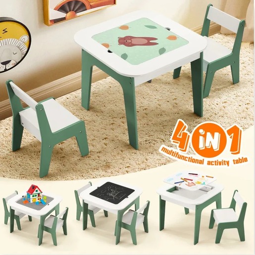 KINDER HOME dječji stol sa stolicama 4 u 1 ,2 vrha,tabla i vrh za slaganje LEGO konstrukotora TF-6808