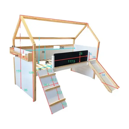 KINDER HOME Kućica za dječji krevet, Montesori, dvospratna, tobogan, crna tabla SRK-20