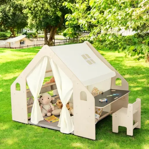 KINDER HOME dječji drveni ljetnikovac 6 u 1  – stolica, stol, tabla, organizator, tenda i mekana podloga AT-KF-2401