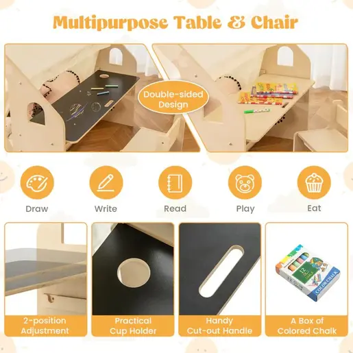 KINDER HOME dječji drveni ljetnikovac 6 u 1  – stolica, stol, tabla, organizator, tenda i mekana podloga AT-KF-2401