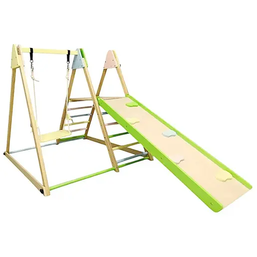 KINDER HOME dječji drveni set 4 u 1 – ljuljačka, tobogan, ram za penjanje i rampa za penjanje AT-KF-2403