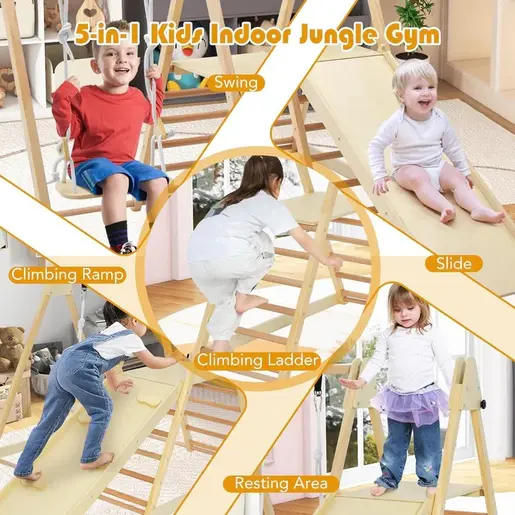 KINDER HOME dječji drveni set 4 u 1 – ljuljačka, tobogan, ram za penjanje i rampa za penjanje AT-KF-2403