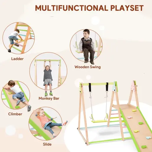 KINDER HOME dječji drveni set 4 u 1 – ljuljačka, tobogan, ram za penjanje i rampa za penjanje AT-KF-2403