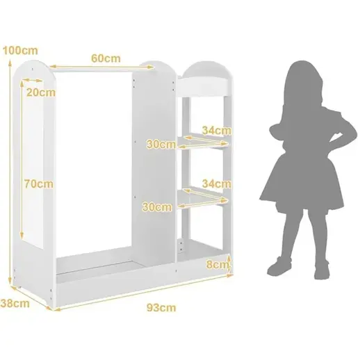 KINDER HOME dječji stalak za odjeću sa ogledalom - dječji otvoreni ormar sa policama i vješalicama, bijela AT-DC-2108-V