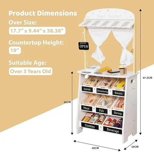 KINDER HOME Drvena dječja prodavnica i pozorište 2 u 1, za igranje uloga, sa kasom V10A232