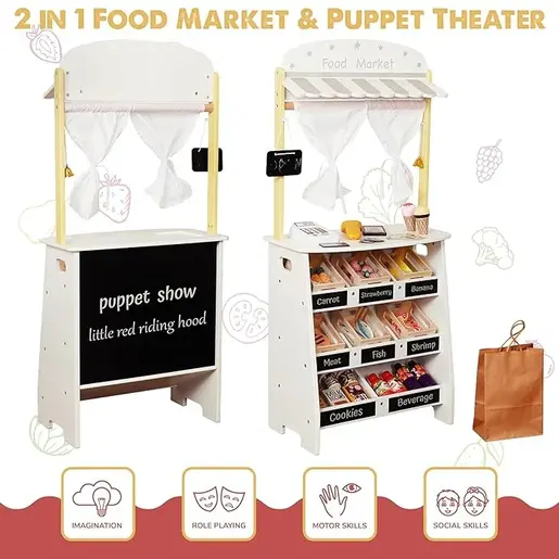 KINDER HOME Drvena dječja prodavnica i pozorište 2 u 1, za igranje uloga, sa kasom V10A232