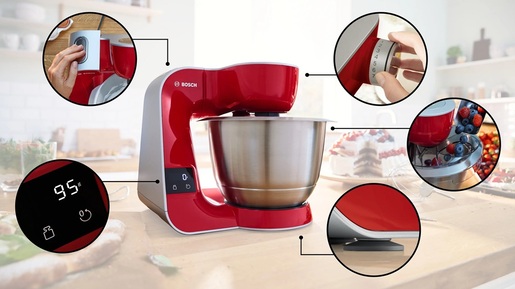 BOSCH kuhinjski robot MUM5X720 Serie 4, 1000 W, 3.9 L, integrisana vaga, crveno-srebreni