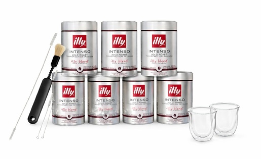 PREMIUM ESPRESSO BUNDLE: 7x ILLY kafa u zrnu INTENSO 250g + DeLonghi šoljice za kafu DLSC310 90 ml + Xavax set četkica za čišćenje aparata za kafu