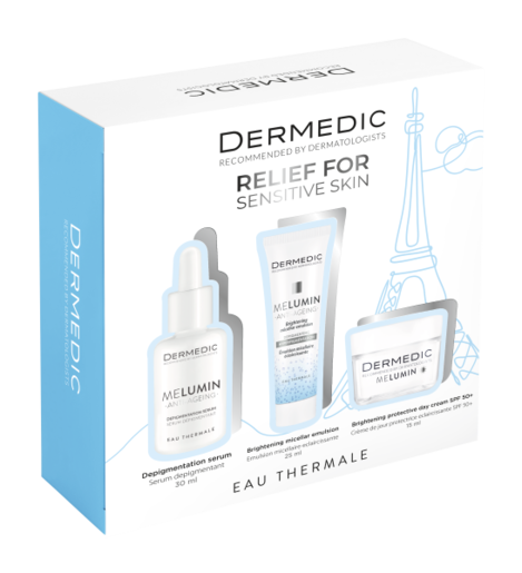 Dermedic Melumin set / depigmentacijski serum 30 ml + micelarna emulzija 25 ml + zaštitna krema SPF50 15 ml