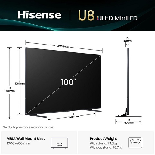 Hisense Mini LED 100U8Q, 4K Ultra HD, Smart TV, VIDAA , Hi-View AI Engine PRO,4.1.2 Surround, 165Hz Game Mode Pro, Crni