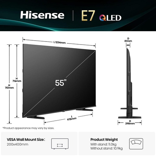 Hisense QLED televizor 55E7Q, 4K Ultra HD, VIDAA U9 Smart TV, Dolby Atmos, DTS Virtual X, Crni