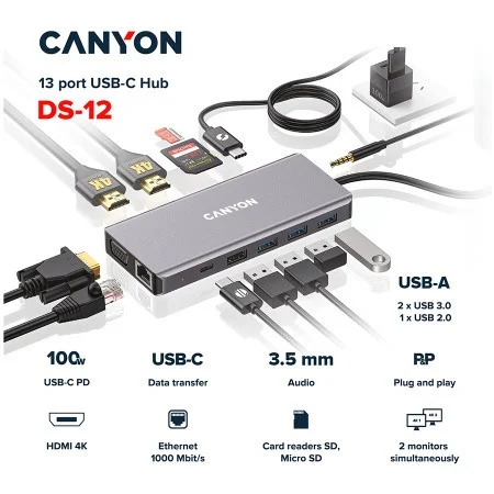 CANYON hub DS-12 13in1 4k USB-C Dark Grey, CNS-TDS12