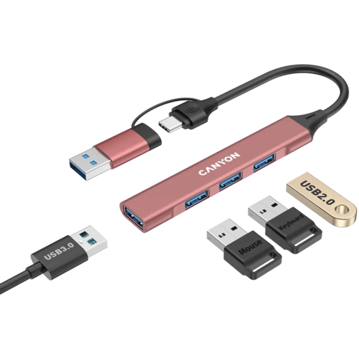 CANYON hub DS-02 4in1 USB-A/C Pink, CNS-TDS02P