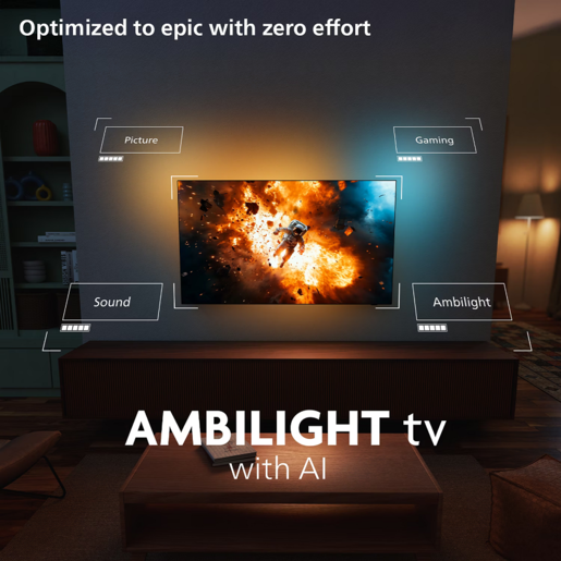 PHILIPS OLED+ televizor 55OLED910/12, 4K Ultra HD, Smart TV, Google TV™, P5 AI Procesor, Ambilight 4 strane, VRR 144Hz, Bowers & Wilkins zvuk 80W, crna boja