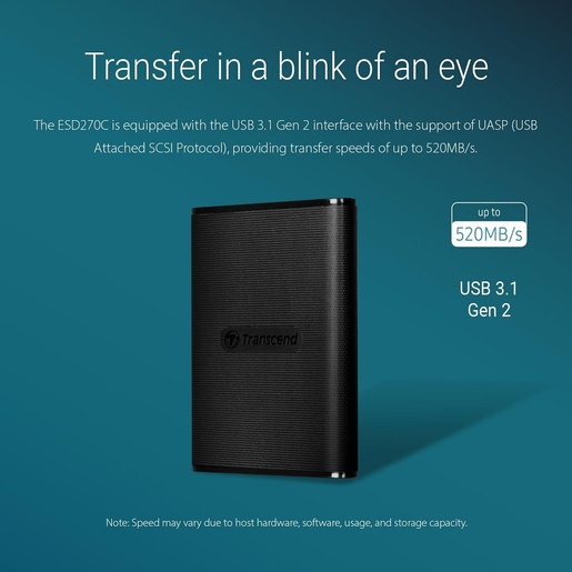 Transcend SSD 1TB Portable ESD270C, Type C,USB 3.1, Black