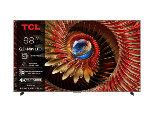 TCL QD Mini LED televizor 98C8K, 4K Ultra HD, Smart, Google TV, 144 Hz VRR, ZeroBorder™, CrystGlow WHVA panel, Audio od Bang & Olufsena, HDR 5000 nita, zatamnjenje do 3840 zona