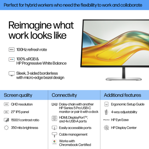HP Monitor S5 Pro 527pq, 27" QHD IPS, 100Hz, 5ms, Anti-Glare, HDMI, DP, VESA