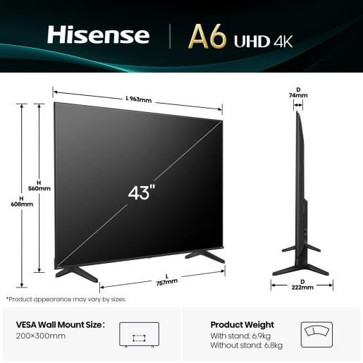 Hisense LED televizor 43A6Q, 4K Ultra HD, Smart TV, VIDAA Smart OS, AI Smooth Motion, Game Mode PLUS, Dolby Vision, HDR10+, Crni