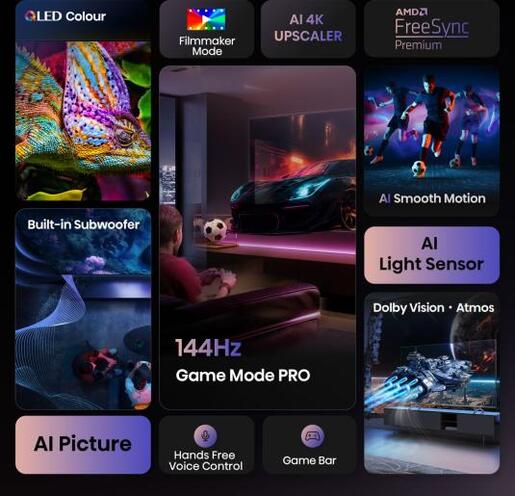 Hisense QLED televizor 100E7Q PRO, 4K Ultra HD, Smart TV, VIDAA U8.5, Dolby Vision IQ™ HDR10+, Game Mode Pro 144 Hz VRR, Tamno Sivi