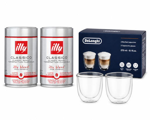 Barista Bundle: 2x Illy Classico kafa u zrnu 250 g + DeLonghi Cappuccino čaše 270 ml