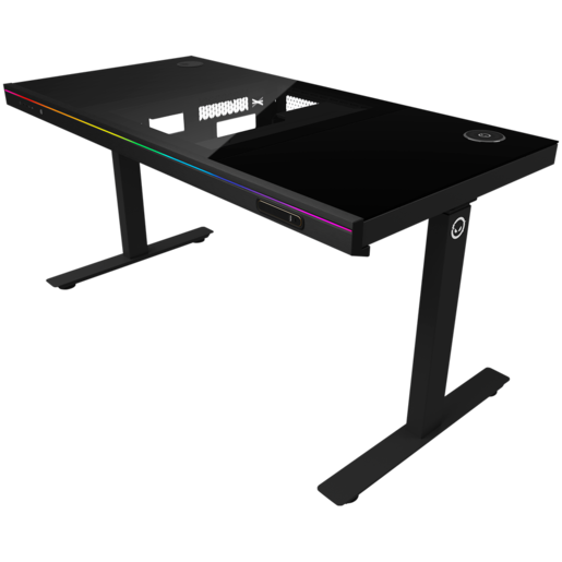 LORGAR LRG-DE90G Gaming stol, Dual-motor sit/stand adjustable-height, wireless charger, RGB lighting, tempered glass tabletop, black.