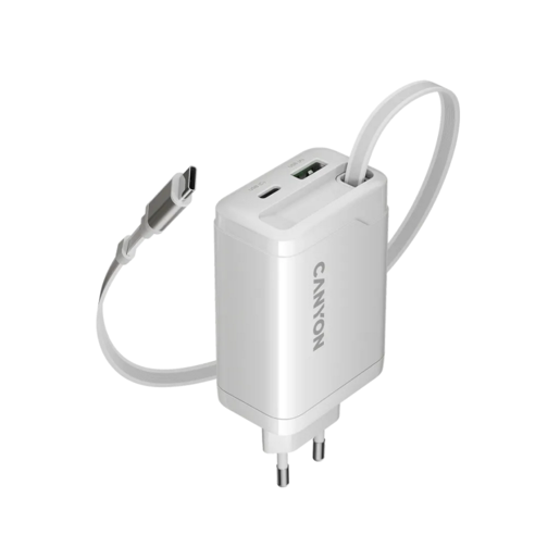CANYON punjač OnCharge 65RC Build-In Cable USB-C 65W 1xPD 1xQC EU White