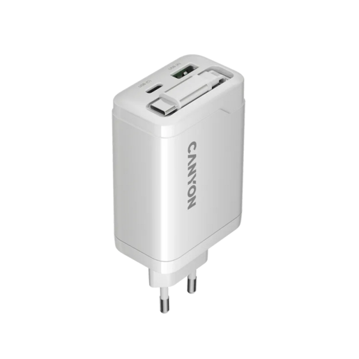 CANYON punjač OnCharge 65RC Build-In Cable USB-C 65W 1xPD 1xQC EU White