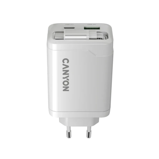 CANYON punjač OnCharge 65RC Build-In Cable USB-C 65W 1xPD 1xQC EU White