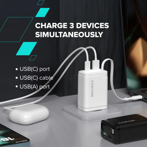 CANYON punjač OnCharge 65RC Build-In Cable USB-C 65W 1xPD 1xQC EU White