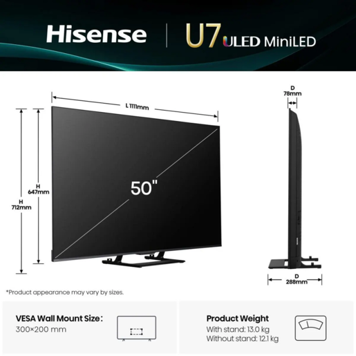 Hisense LED televizor 50U7Q, 4K Ultra HD, Smart TV, VIDAA Smart OS, 144Hz, Dolby Vision, AI 4K Upscaler, Ugrađeni subwoofer, crni