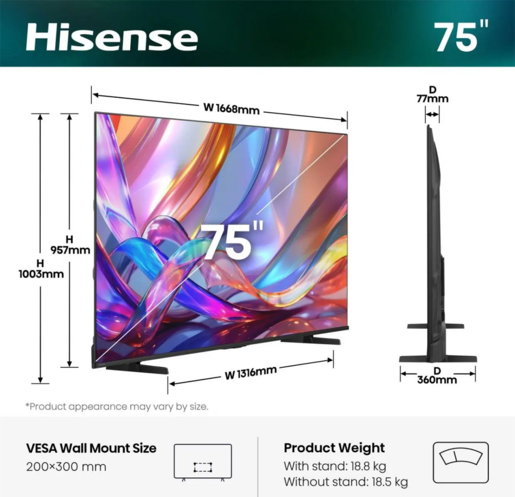 HISENSE Hi-QLED televizor 75E7S, 4K Ultra HD, Smart TV, VIDAA Smart OS, Dolby Vision IQ, HDR10+ Adaptive, Dolby Atmos, VRR 60 Hz, ALLM, AirPlay 2, AI Scenario, 3D Sound Upscaler, Metalni okvir, Crni