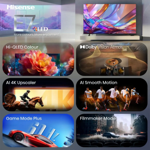 HISENSE Hi-QLED televizor 75E7S, 4K Ultra HD, Smart TV, VIDAA Smart OS, Dolby Vision IQ, HDR10+ Adaptive, Dolby Atmos, VRR 60 Hz, ALLM, AirPlay 2, AI Scenario, 3D Sound Upscaler, Metalni okvir, Crni