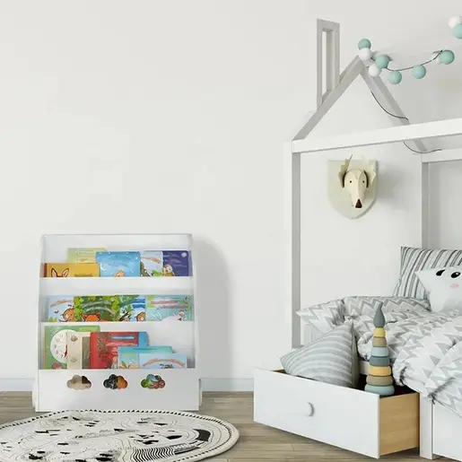 KINDER HOME dječja drvena polica za knjige sa dijelom za skladištenje bijela TF-5733