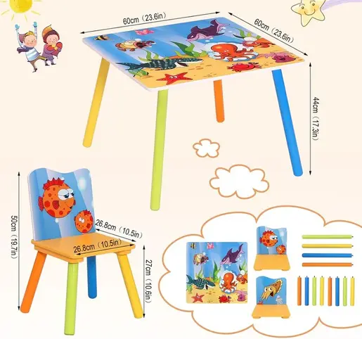KINDER HOME dječji drveni stol i stolice sa morskim životinjama TF-4290