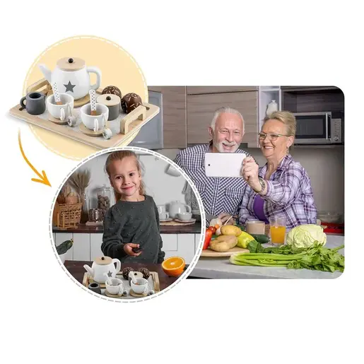 KINDER HOME dječji drveni set za čaj i kafu sa dodacima bijelo-sivi V10B318B